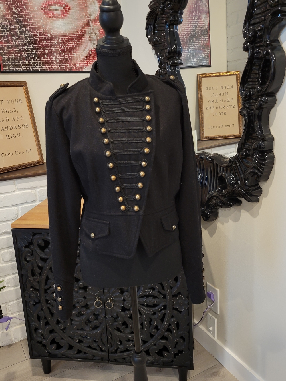Black Military-Style Women's Blazer with Decorative Brass Buttons